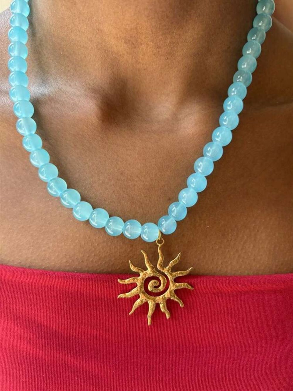 Gold Sun Pendant Aqua Beaded Necklace R744